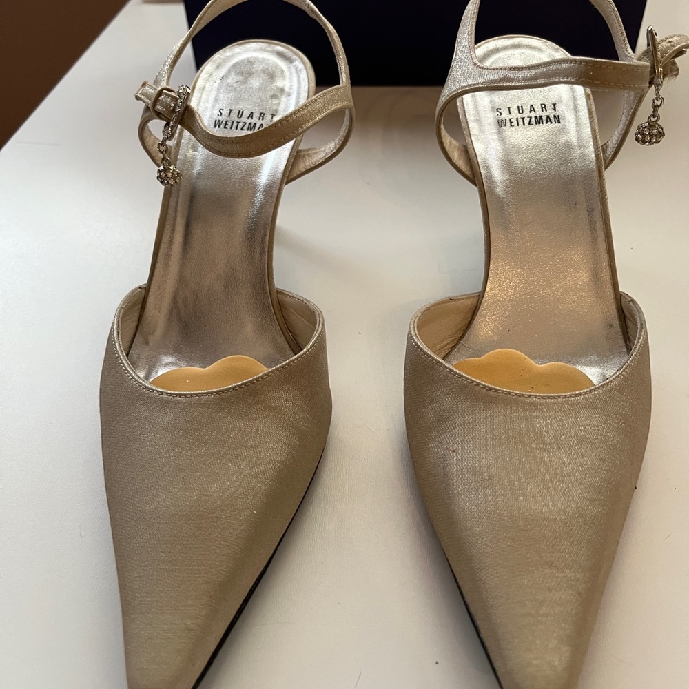 Stuart Weitzman Oyster Sparkle Lame Strappy Heels